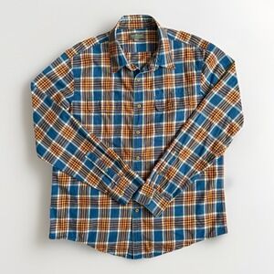 LL Bean Signature Slim Fit Flannel Button Down Shirt Size LG Orange Blue Plaid